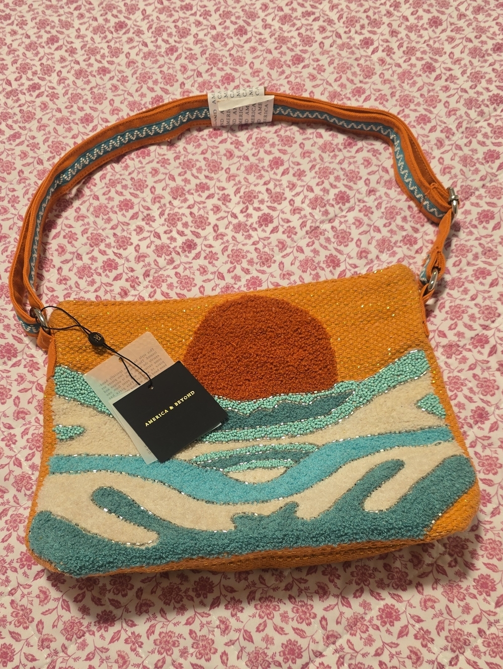 America And Beyond Orange Sunset Embroidered Shoulder Bag
